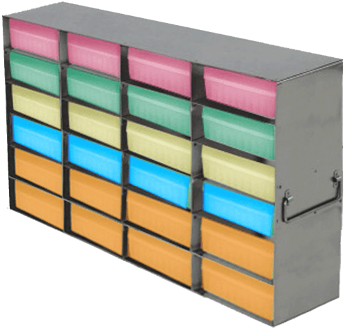 Upright Freezer Racks for 100-Cell Hinged Plastic Storage Boxes | 24 Boxes Total | Yellow Boxes
