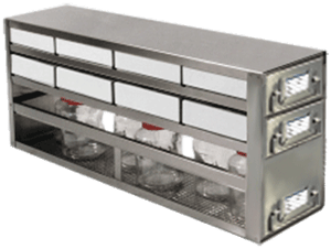 Upright Freezer Combination Drawer Racks for 2" Polycarbonate Boxes (100 Cell) and Storage Bottles (4 Boxes Deep x 2 Boxes High)