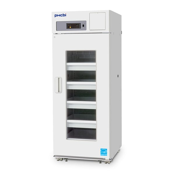 PHCbi MPR Series 23.7 Cu. Ft laboratory Refrigerator with Glass Door that is closed and shows the interior drawers