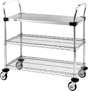 Utility Cart (18"x30") with 1 Solid and 2 Wire Shelves- Stainless Steel