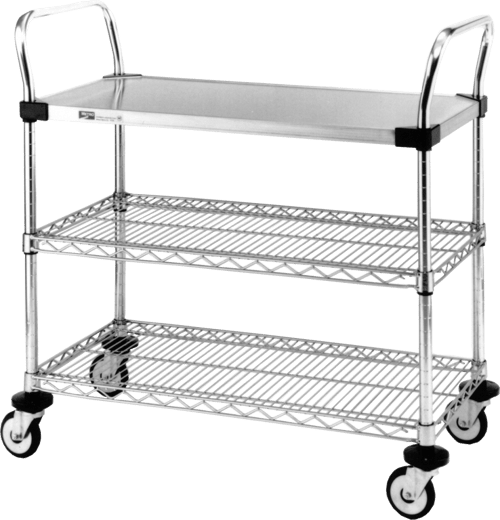 Utility Cart (18"x36") with 1 Solid and 2 Wire Shelves- Stainless Steel