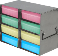 Upright Freezer Racks for 100-Cell Hinged Plastic Storage Boxes | 8 Boxes Total | Blue Boxes