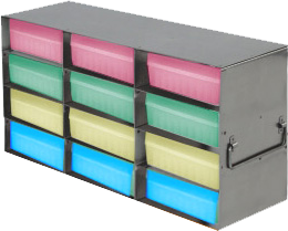 Upright Freezer Racks for 100-Cell Hinged Plastic Storage Boxes | 12 Boxes Total | Blue Boxes