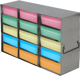 Upright Freezer Racks for 100-Cell Hinged Plastic Storage Boxes | 15 Boxes Total | Orange Boxes