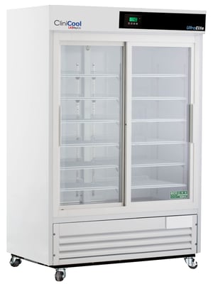 a labrepco clinicool Ultra Elite series 47 cubic foot glass door medical refrigerator with 2 closed sliding glass doors and casters