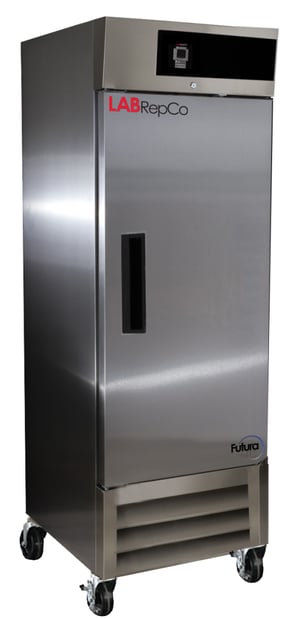 A labrepco branded laboratory refrigerator with stainless steel exterior, it is 23 cubic foot capacity for +4C temperatures with a labrepco label and casters