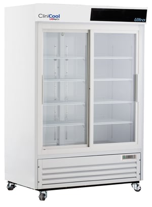 a labrepco clinicool series Ultra 47 cubic foot glass door medical-grade refrigerator with 2 closed sliding glass doors and casters