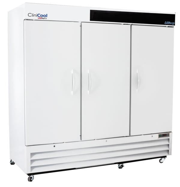 a labrepco clinicool series Ultra 72 cubic foot triple door medical-grade refrigerator with solid doors and casters