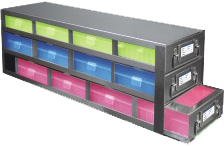 Upright Freezer Drawer Racks for 100-Cell Hinged Plastic Storage Boxes | 12 Boxes Total | Blue Boxes