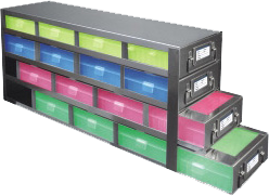 Upright Freezer Drawer Racks for 100-Cell Hinged Plastic Storage Boxes | 16 Boxes Total | Green Boxes