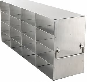 a UF-442 model 4x4 stainless steel upright freezer rack with 16 compartments to store 2 inch boxes