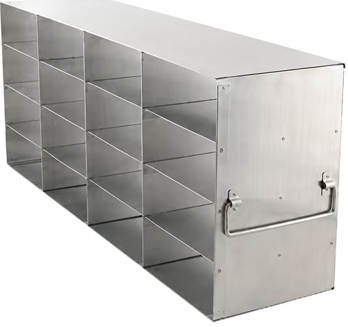 a UF-442 model 4x4 stainless steel upright freezer rack with 16 compartments to store 2 inch boxes