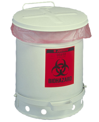 Justrite Biohazard Waste Can, 6 Gallon, Soundgard Cover (White)