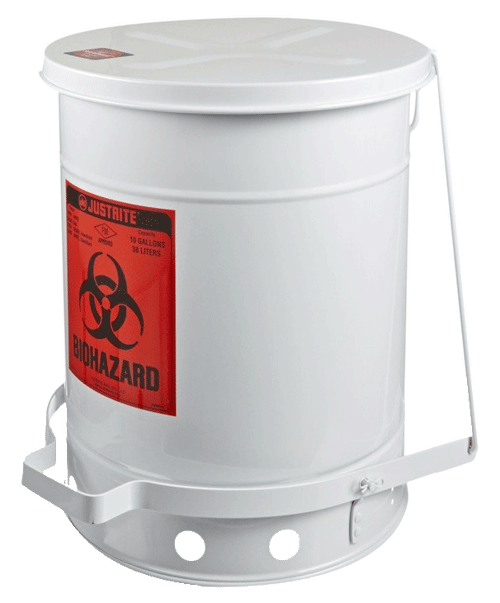 Justrite Biohazard Waste Can, 10 Gallon, Soundgard Cover (White)