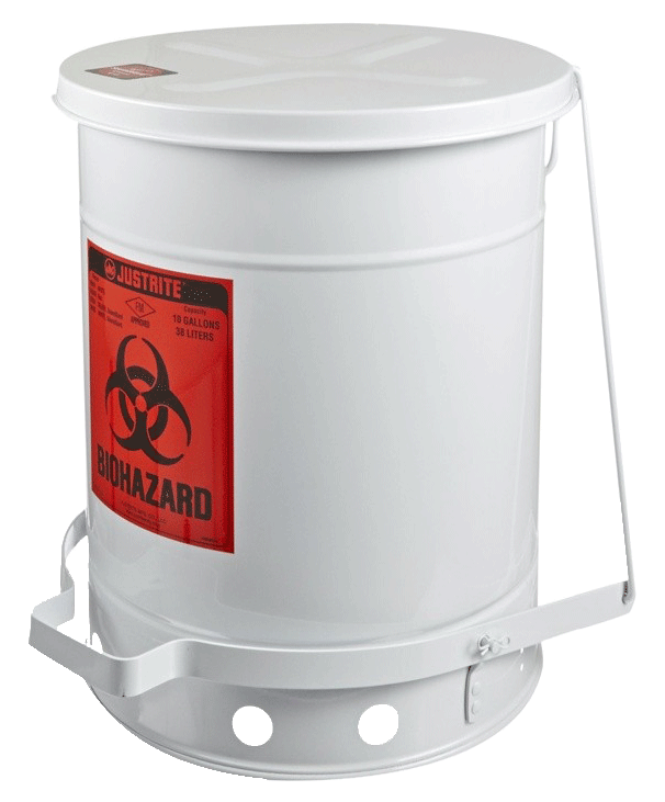 Justrite Biohazard Waste Can, 10 Gallon, Soundgard Cover (White)