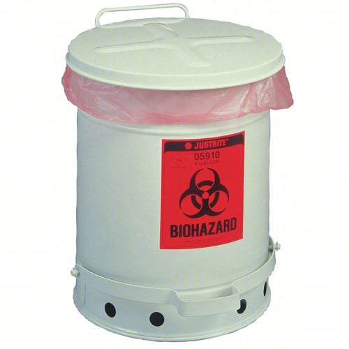 Justrite Biohazard Waste Can, 6 Gallon, Soundgard Cover (White)