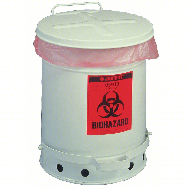 Justrite Biohazard Waste Can, 6 Gallon, Soundgard Cover (White)