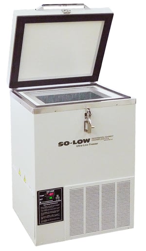 a So Low brand ultra low temp chest freezer with 2 Cubic feet of internal capacity and -80C temperatures, shown with the lid open