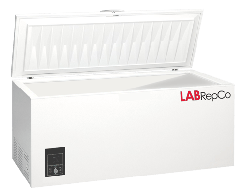LabRepCo labeled chest style freezer with 5 Cu. Ft. interior capacity. Has open lid style door on top of unit and white exterior