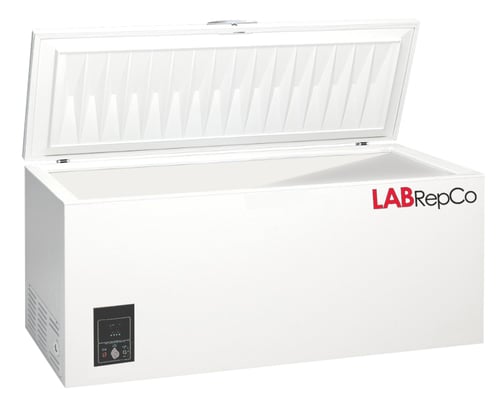 LabRepCo labeled chest style freezer with 25 Cu. Ft. interior capacity. Has open lid style door on top of unit and white exterior
