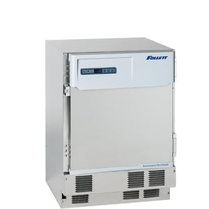 Follett labeled freezer with 3.9 Cu. Ft. interior capacity with a stainless steel exterior and closed door
