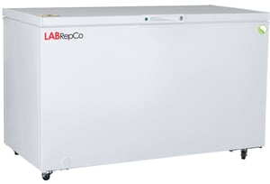 LabRepCo labeled chest style freezer with 15 Cu. Ft. interior capacity. Has open lid style door on top of unit and white exterior