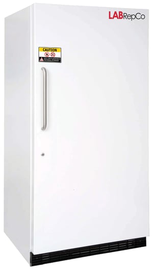 LabRepCo branded Futura Silver Series 30 Cu. Ft. Laboratory Refrigerator with closed Solid Door, stainless steel pull handle, key hole and caution sticker