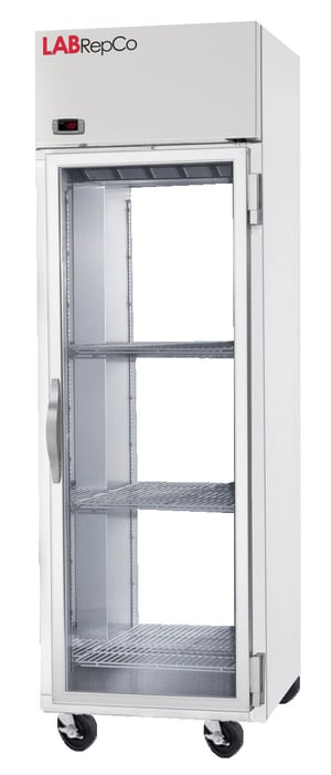 LabRepCo branded 25 cu ft Pass-Thru Pharmacy Refrigerator, Stainless Steel Hinged Glass Door, with pull handle and casters. You are able to see through the unit from front to back