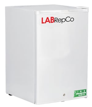 LabRepCo labeled freezer with 4 Cu. Ft. interior capacity that has a solid white exterior and closed door with recessed handle that is at the top of the unit