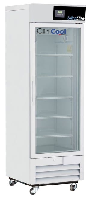 CliniCool labeled Ultra Elite Series 16 Cu. Ft. Pharmacy/Vaccine Refrigerator with closed Hinged Glass Door, pull handle and temperature display at the top of the unit