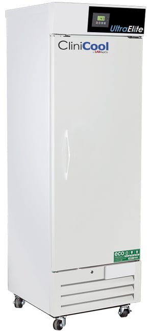 CliniCool labeled Ultra Elite Series 16 Cu. Ft. Pharmacy/Vaccine Refrigerator with closed Hinged solid Door, pull handle and temperature display at the top of the unit