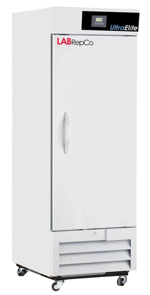 A Labrepco labeled 23 cu. ft. laboratory refrigerator with a closed glass door, pull door handle and control panel at the top
