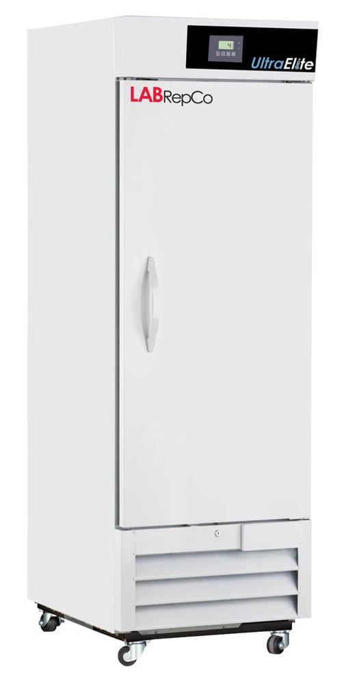 A Labrepco labeled 23 cu. ft. laboratory refrigerator with a closed glass door, pull door handle and control panel at the top