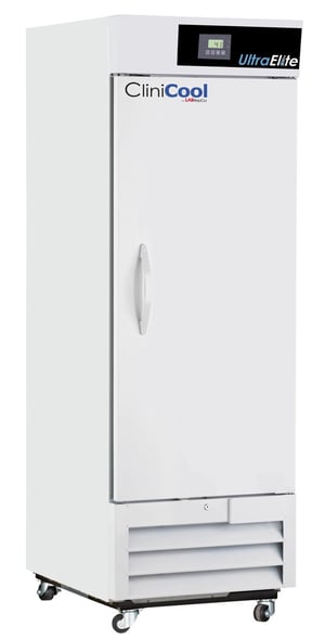 LabRepCo CliniCool© Ultra Elite Series 23 Cu. Ft. Pharmacy/Vaccine Refrigerator with a Solid Door that is closed, pull handle, casters and a temperature display at the top of the unit