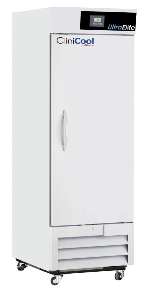 LabRepCo CliniCool© Ultra Elite Series 23 Cu. Ft. Pharmacy/Vaccine Refrigerator with a Solid Door that is closed, pull handle, casters and a temperature display at the top of the unit