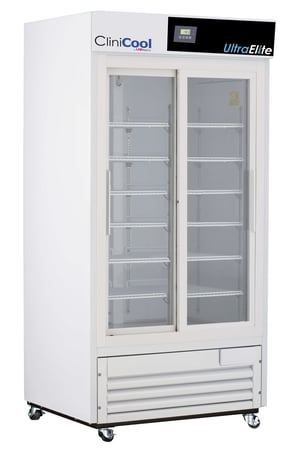 LabRepCo CliniCool© Ultra Elite Series 33 Cu. Ft. Pharmacy/Vaccine Refrigerator with Sliding Glass Doors that are closed and temp display at the top of the unit