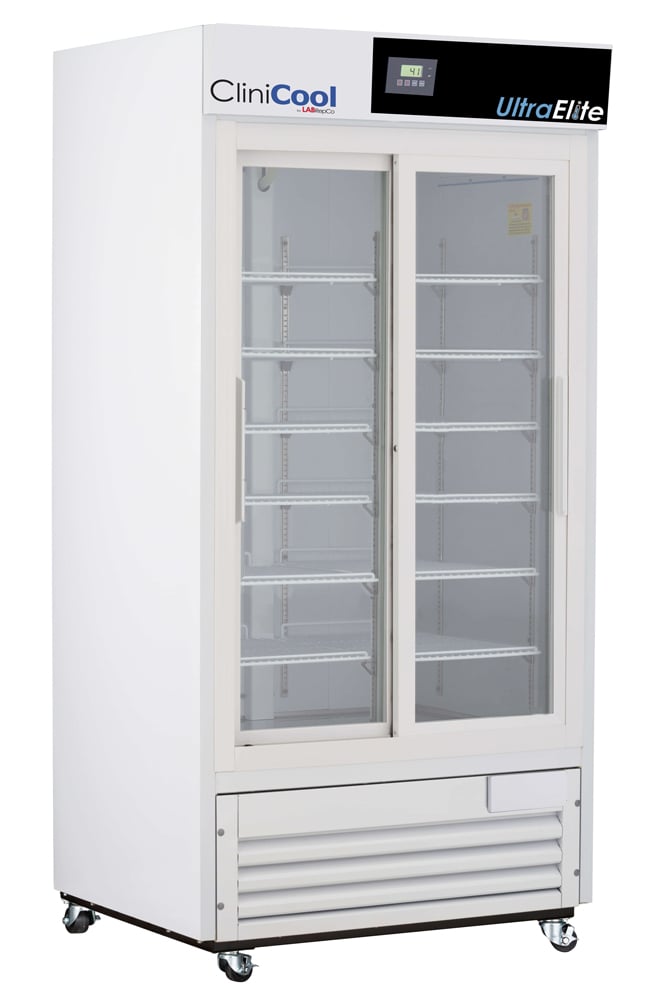 LabRepCo CliniCool© Ultra Elite Series 33 Cu. Ft. Pharmacy/Vaccine Refrigerator with Sliding Glass Doors that are closed and temp display at the top of the unit