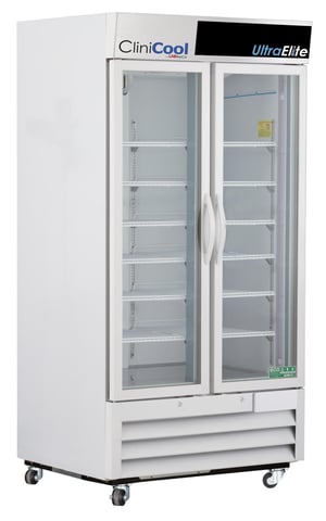 LabRepCo CliniCool© Ultra Elite Series 36 Cu. Ft. Pharmacy/Vaccine Refrigerator with closed Hinged Glass Doors that have pull handles.