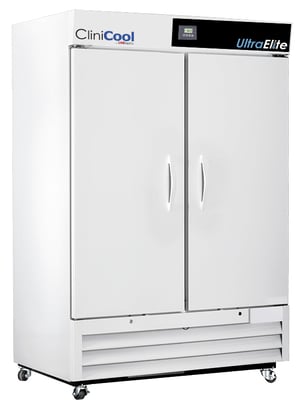 LabRepCo CliniCool Ultra Elite Series 49 Cu. Ft. Medical-Grade Refrigerator for Vaccine Storage with two Solid Doors that are closed, they have pull handles and the unit has casters