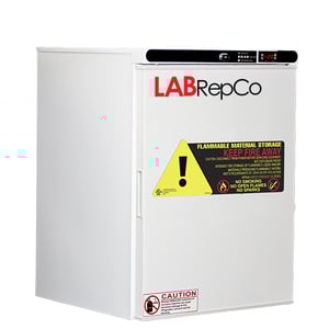 LabRepCo labeled Series freezer with 4 Cu. Ft. interior capacity with solid white door that is closed with a recessed handle. Also has a temperature display and key lock at the top of the unit and large warning sticker on the front of the unit