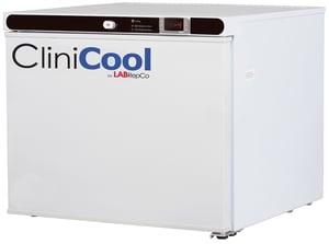 Clinicool labeled Series freezer with 1 Cu. Ft. interior capacity with solid white door that is closed with a recessed handle