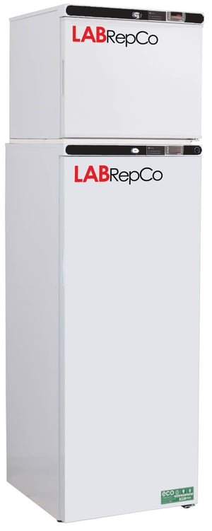 Clinicool labeled 12 cu.ft. laboratory Refrigerator & auto defrost Freezer Stacked Combo unit with 10.5 fridge & 1.7 freezer interior capacity. Fridge and freezer both have closed solid doors