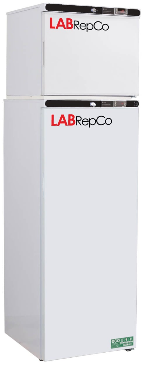 Clinicool labeled 12 cu.ft. laboratory Refrigerator & Freezer Stacked Combo unit with 10.5 fridge & 1.7 freezer interior capacity. Fridge and freezer both have solid closed doors