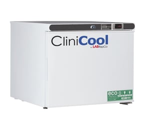 Clinicool labeled Series freezer with 1.7 Cu. Ft. interior capacity with solid white door that is closed with a recessed handle