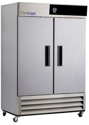 LabRepCo CliniCool© Silver Series 49 Cu. Ft. Stainless Steel Pharmacy Refrigerator with closed Hinged Glass Doors that have recessed pull handles and casters