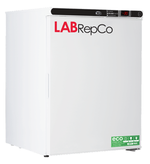 LabRepCo labeled Series freezer with 4 Cu. Ft. interior capacity with solid white door that is closed with a recessed handle. Also has a temperature display and key lock at the top of the unit