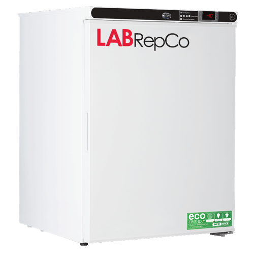 An undercounter, 4 cubic foot laboratory freezer for -40C temperatures with a labrepco label and eco-friendly sticker