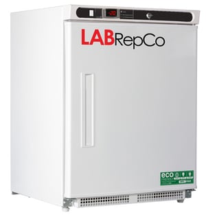 LabRepCo labeled Series freezer with 4.2 Cu. Ft. interior capacity with solid white door that is closed with a recessed handle. Also has a temperature display and key lock at the top of the unit.