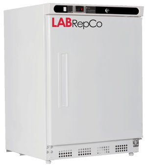 A Labrepco branded undercounter lab refrigerator with a 4.6 cubic foot internal capacity and a solid white door with inset handle