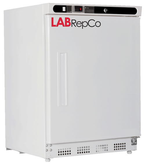 A Labrepco branded undercounter lab refrigerator with a 4.6 cubic foot internal capacity and a solid white door with inset handle